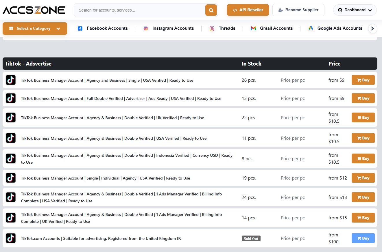 AccsZone TikTok Business Manager advertising accounts with double verification, USA and UK verified, ready to use