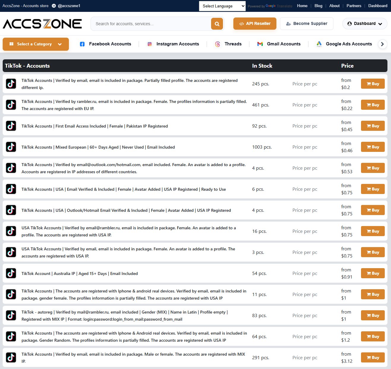 AccsZone TikTok accounts category showing PVA and aged accounts by country with stock counts and pricing from $0.20