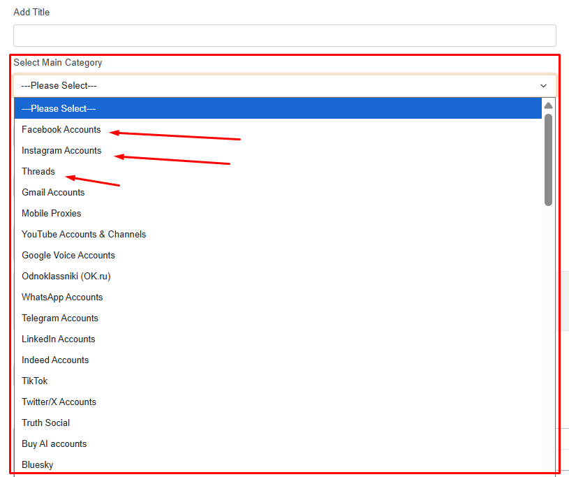 Select Main Category drop-down